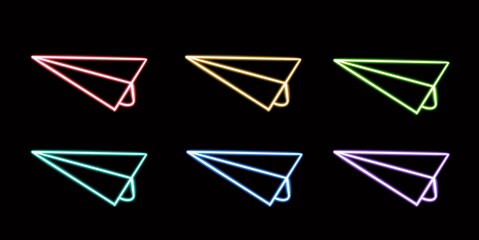 set paper airplane glowing desktop icon, message neon sticker, neon figure, glowing figure, neon geometrical figures 