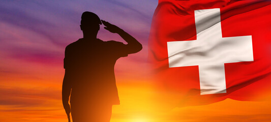 Solider Saluting Against the flag of Switzerland . Swiss National Day. Holiday concept. 3d illustration.