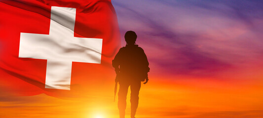 Solider Saluting Against the flag of Switzerland . Swiss National Day. Holiday concept. 3d illustration.