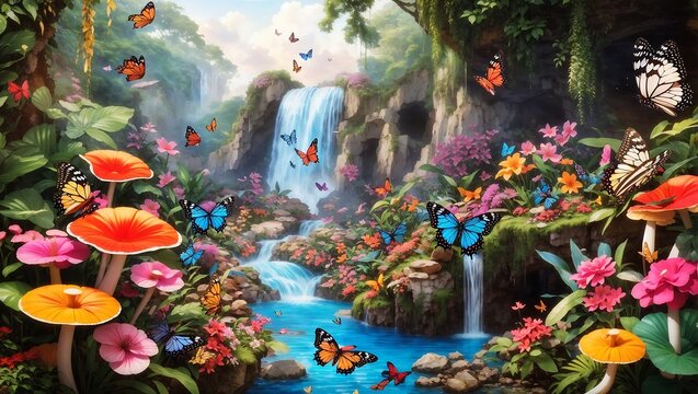 Beautiful butterfly with colorful flowers and waterfall and colorful mushroom in forest design wallpaper generated by AI