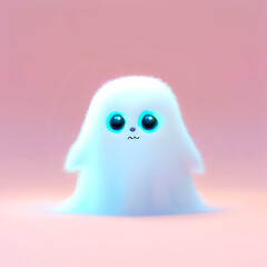 white halloween ghost, furry with fur, cute, bright, big eyes, photography, 3D art, animated, decorative, light pink background