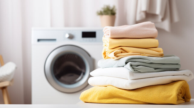 A Stack Of Freshly Washed Laundry On Washing Machine Background