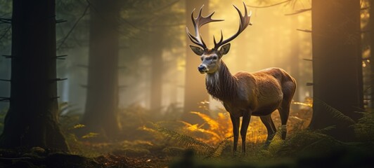 Wildlife animal landscape background - Wild deer in forest in the morning with fir trees sunlight and dust (Generative Ai)