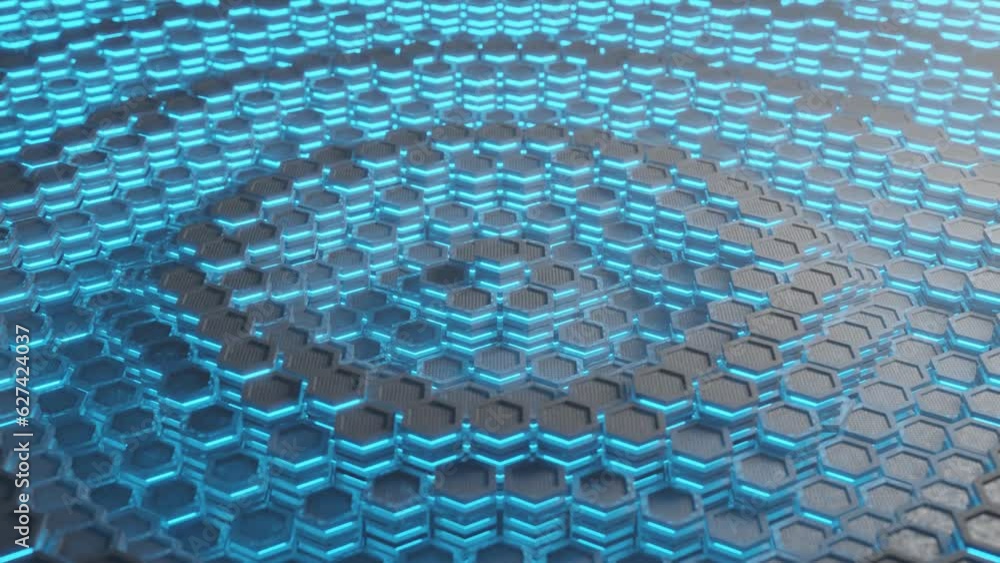 Poster loop 3d animation of a fantastic background of metal hexagons with neon blue illumination. the wave 