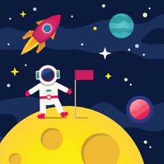 Naklejka premium An astronaut planted a flag on the moon. Planets, stars and a rocket can be seen in the background. Flat illustration
