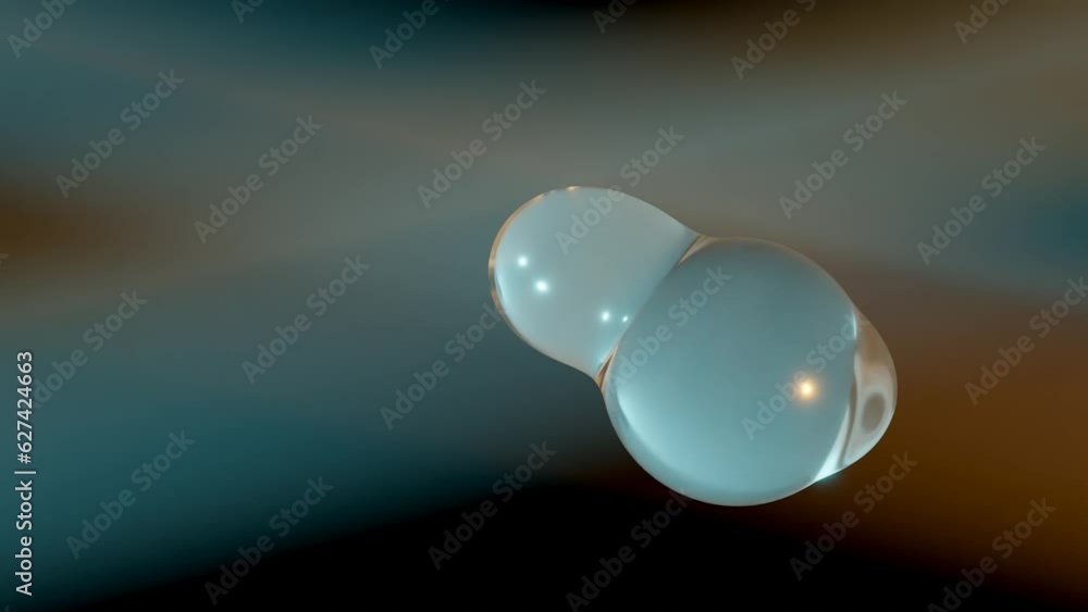 Poster loop 3d animation of the movement of liquid droplets in zero gravity. the drops merge into a large s