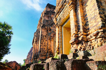 Brick and laterite masonry of the Khmer temple of Pre Rup, the wall of an ancient building.