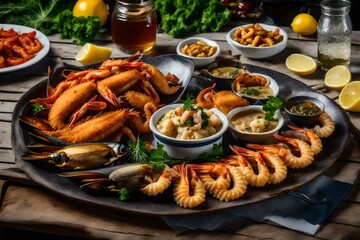 Fototapeta na wymiar grilled shrimps with lemon and salad