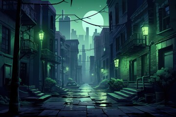 a vector cartoon scene featuring dark city streets