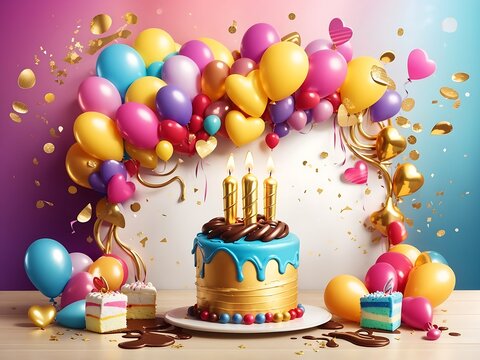 Happy birthday celebration with colorful balloons, candles, chocolate splash background design wallpaper generated by AI