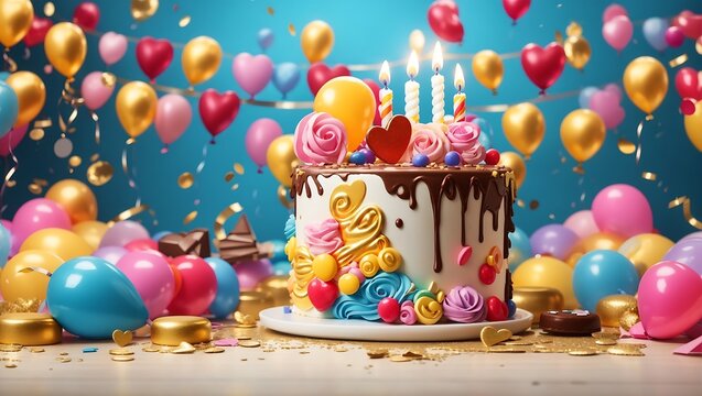 Happy birthday celebration with colorful balloons, candles, chocolate splash background design wallpaper generated by AI