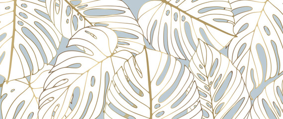 Botanical luxury background with white monstera leaves with gold outline. Background for decor, wallpapers, postcards, covers and presentations.