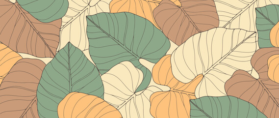 Warm autumn botanical background with big leaves. Background for decor, wallpapers, postcards, covers and presentations.