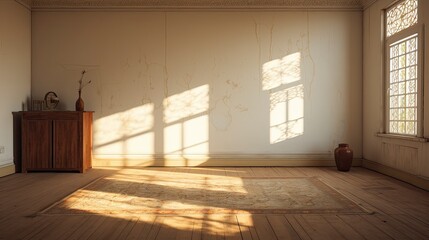 Empty room bohemian style morning light copy space, Generative AI