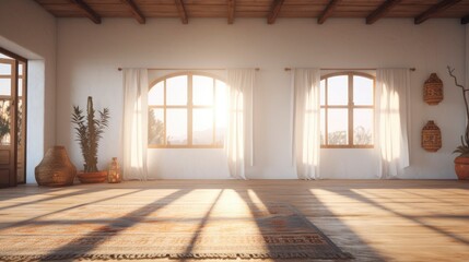 Empty room bohemian style morning light copy space, Generative AI