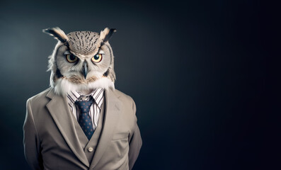 Obraz premium Owl in smart business suit and tie, looking serious businessman. Wide banner with copy space on side. Generative AI