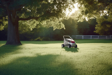 Lawn mower on the garden - Generative AI