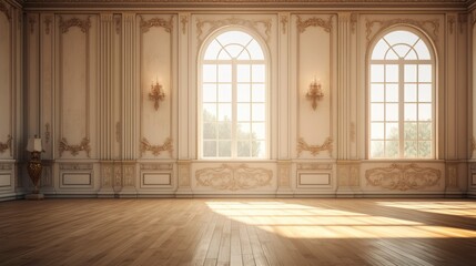 Fototapeta na wymiar Empty room New Traditional style morning light copy space, Generative AI