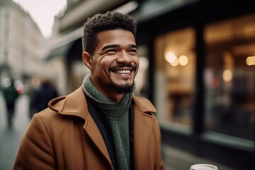 Naklejka premium Man in jacket with coffee standing in city
