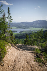 Dirt road overlooking Steamboat Lake in Steamboat Springs Colorado in summer
