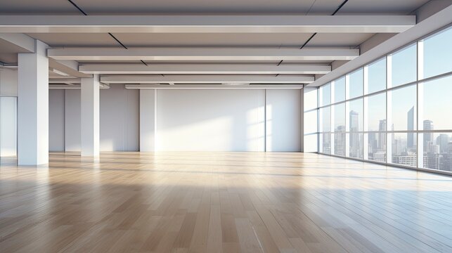 Office empty room morning light copy space, Generative AI