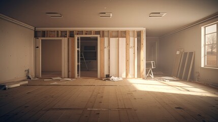 Under Construction renovate Empty room moning light copy space, Generative AI