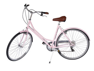 Pink retro bicycle, generic clean and new. Brown leather saddle and handles. Vintage look city bike. Png isolated on transparent background