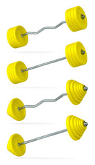 Set of metal barbell with rubber disks shaped handle isolated on white