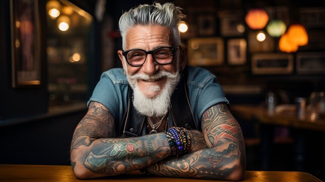 Smiling bearded grandfather with tattoos behind bar stool, portrait photo.