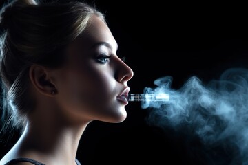girl smokes electronic cigarette on black background