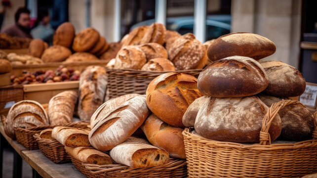 Freshly baked gourmet breads for sale in French bakery. Freshly baked bread, rolls, cookies