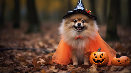 Spitz breed dog in Halloween costume in the woods surrounded by pumpkin lanterns.