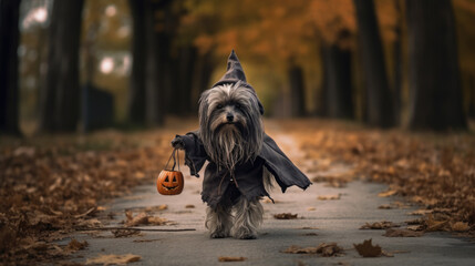 Dog in Halloween costume in the woods.