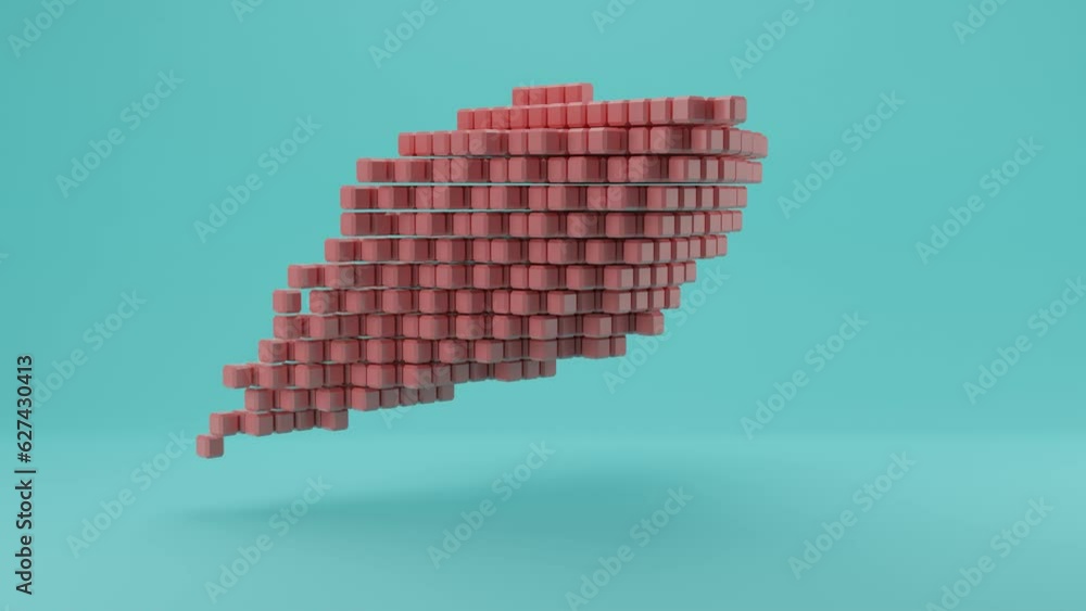 Poster loop 3d animation of a cloud of many pixels, cubes. the cloud is constantly changing shape and size,
