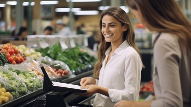 Young smiling female hypermarket staff ready to help customers.