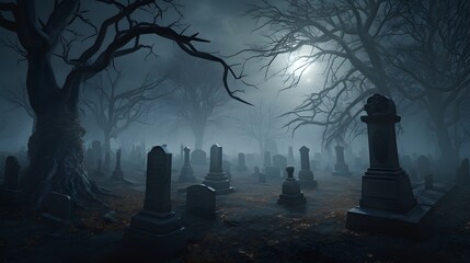 cimetière de nuit sous la lumière de la lune, généré par IA