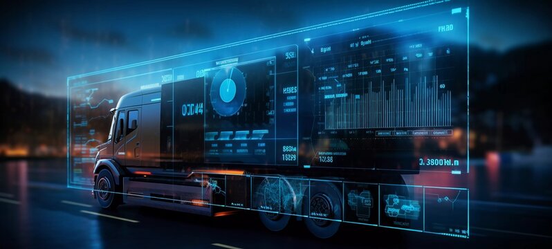 Advanced transportation technology - truck with blue, orange, glowing holographic digital logistics data, dark background - AI, network, truck