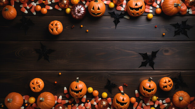 Happy Halloween holiday concept. Halloween decorations on dark wooden background. Flat lay, top view.