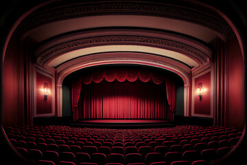 The auditorium of the opera house. Red curtain, stage, velor chairs. Abstract illustration.