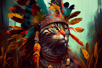 Fototapeta na wymiar Portrait of an Indian cat. A cat in a warlike outfit made of colored feathers.