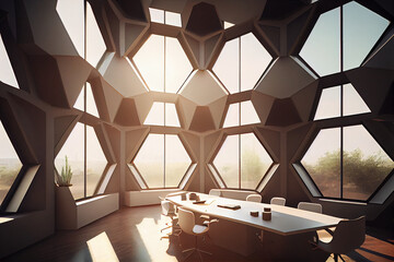 Large bright office space with glass hexagonal panoramic windows.