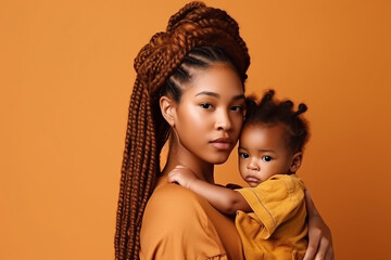 Pretty young afro-american woman with a baby on the yellow background. Generative AI