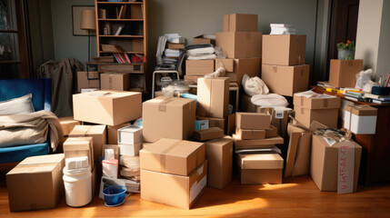 A pile of moving boxes in the room. Created with Generative AI technology.