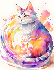 a colorful cat with green eyes sitting on a colorful background