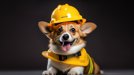 Dog wearing construction helmet on dark background.