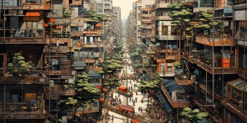 AI Generated. AI Generative. Abstract city town urban top view panorama landscape view. Graphic Art