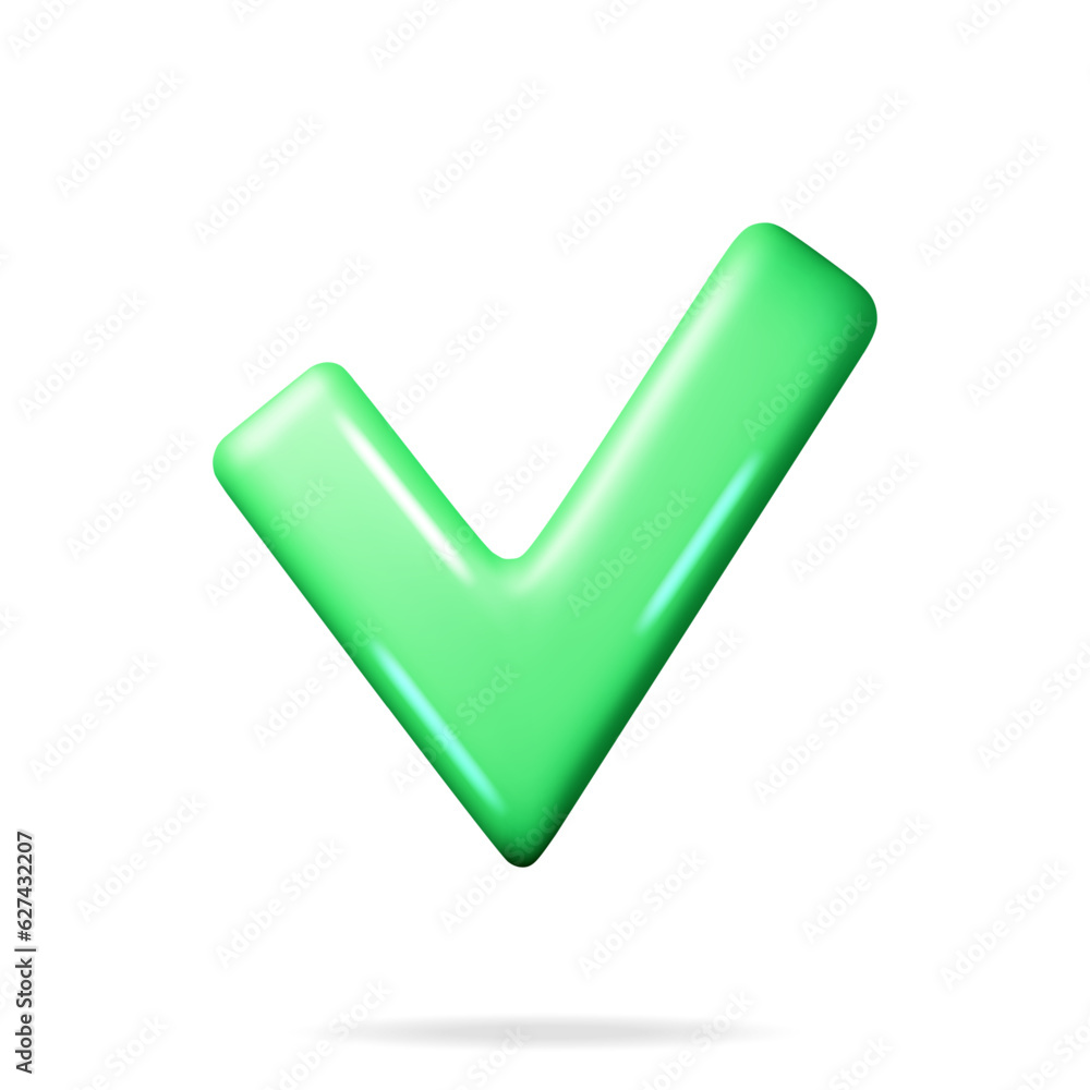 Poster 3d right button shape. green yes or correct sign render. green checkmark tick represents confirmatio