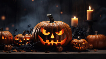 Halloween pumpkin head jack lantern on Spooky background.