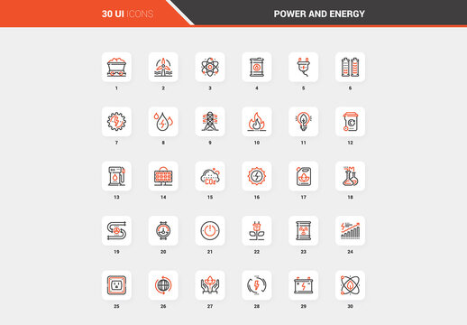 Vector set of power and energy flat line web icons. Each icon with adjustable strokes neatly designed on pixel perfect 48X48 size grid. Fully editable and easy to use.