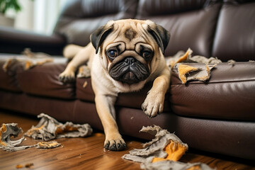 Pug puppy tore the pillow, the sofa and sits among the mess.